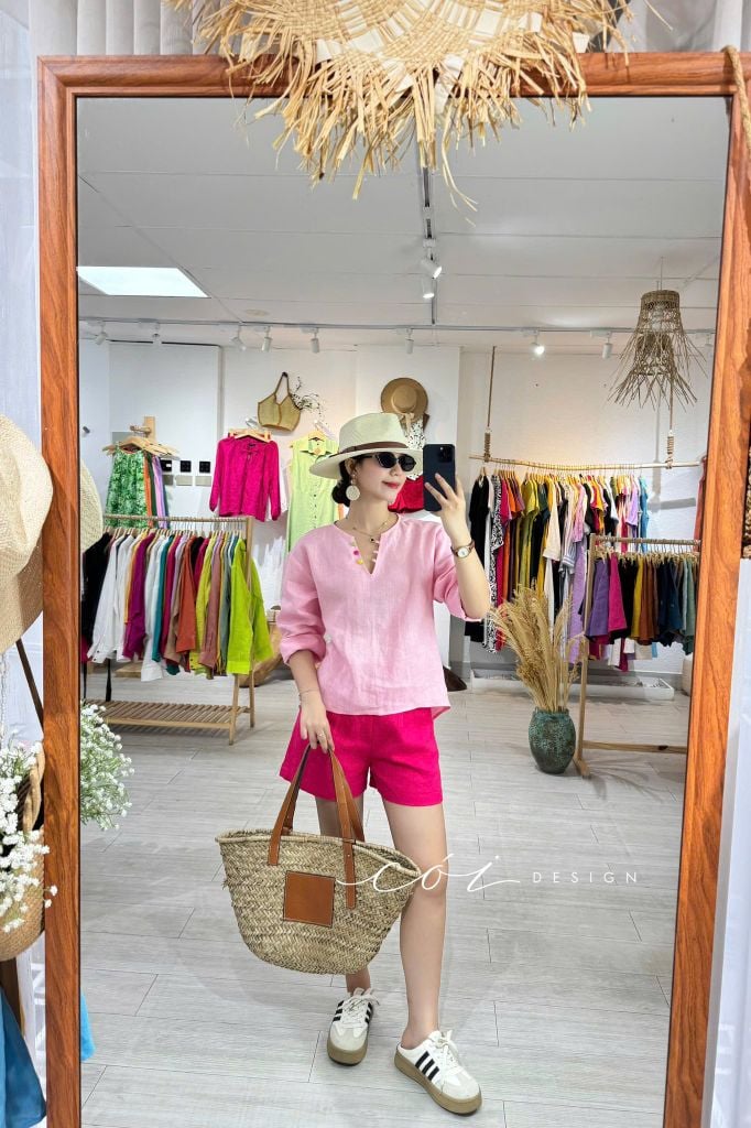 Áo cổ V tay dài nút bọc linen tưng premium Cói Design