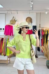 Áo cổ V tay dài nút bọc linen tưng premium Cói Design