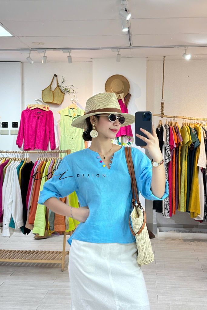 Áo cổ V tay dài nút bọc linen tưng premium Cói Design