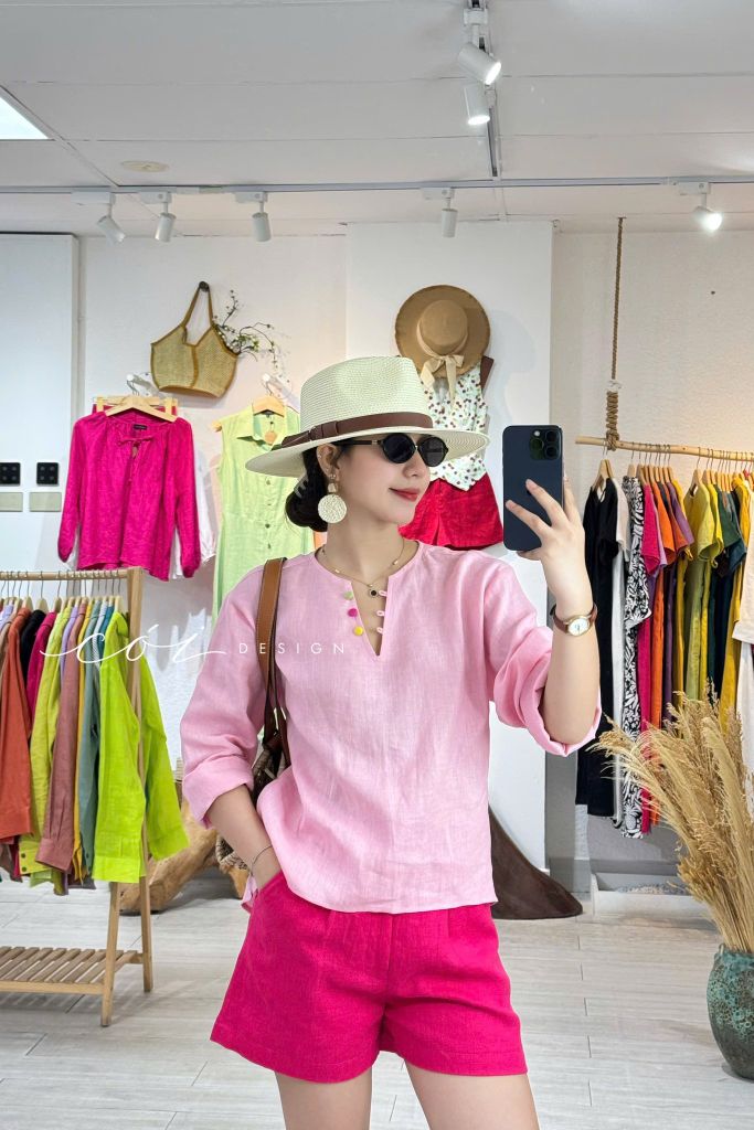 Áo cổ V tay dài nút bọc linen tưng premium Cói Design