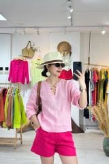 Áo cổ V tay dài nút bọc linen tưng premium Cói Design