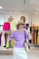 Áo cổ V tay dài nút bọc linen tưng premium Cói Design