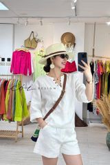 Áo cổ V tay dài nút bọc linen tưng premium Cói Design