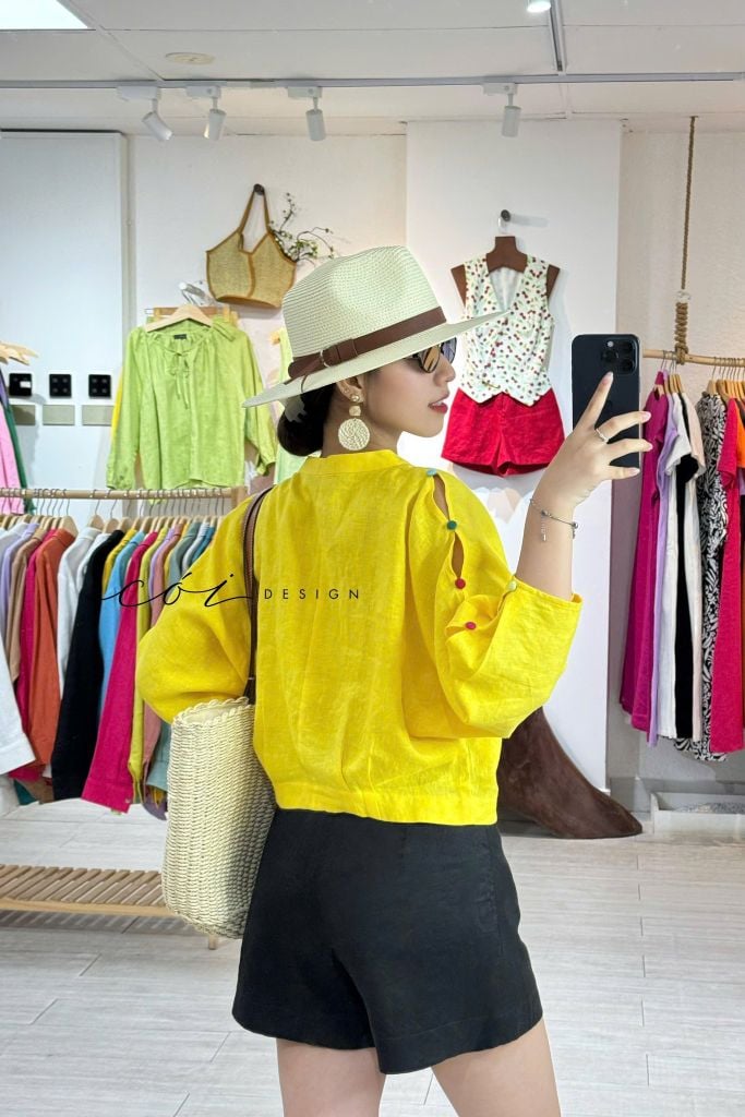 Áo cổ trụ 19 nút bọc màu Linen tưng premium Cói Design