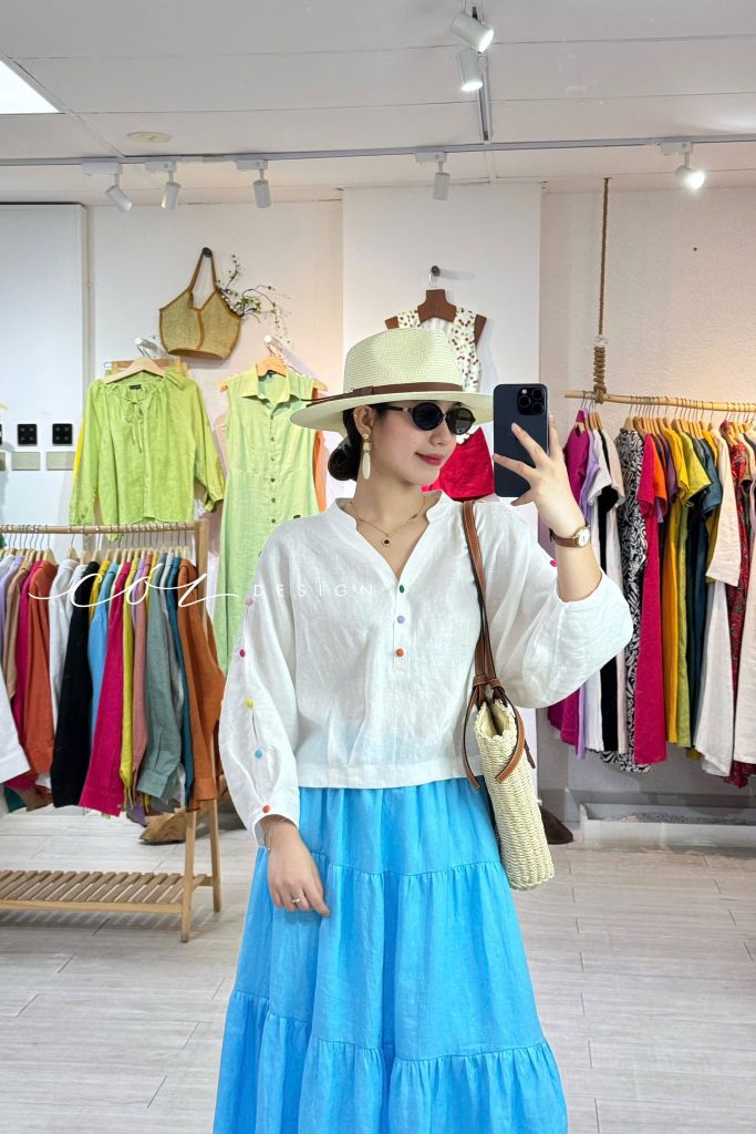 Áo cổ trụ 19 nút bọc màu Linen tưng premium Cói Design
