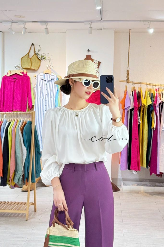 Áo lụa cổ nhún tay phồng Cói Design