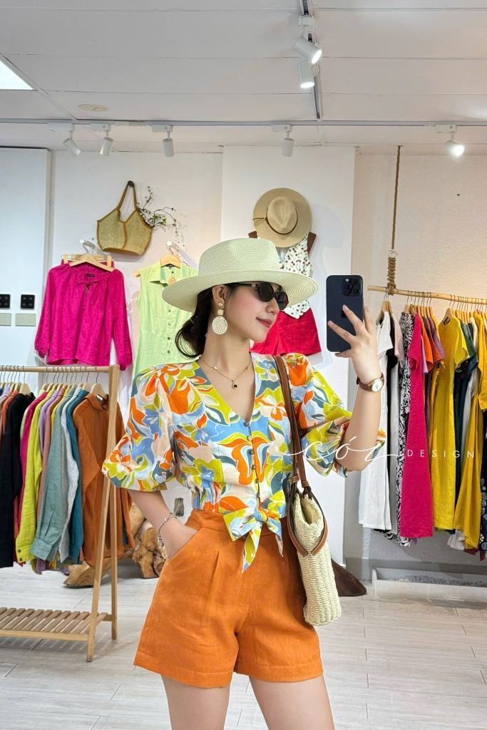 Áo croptop tay bí phối dây linen Cói Design
