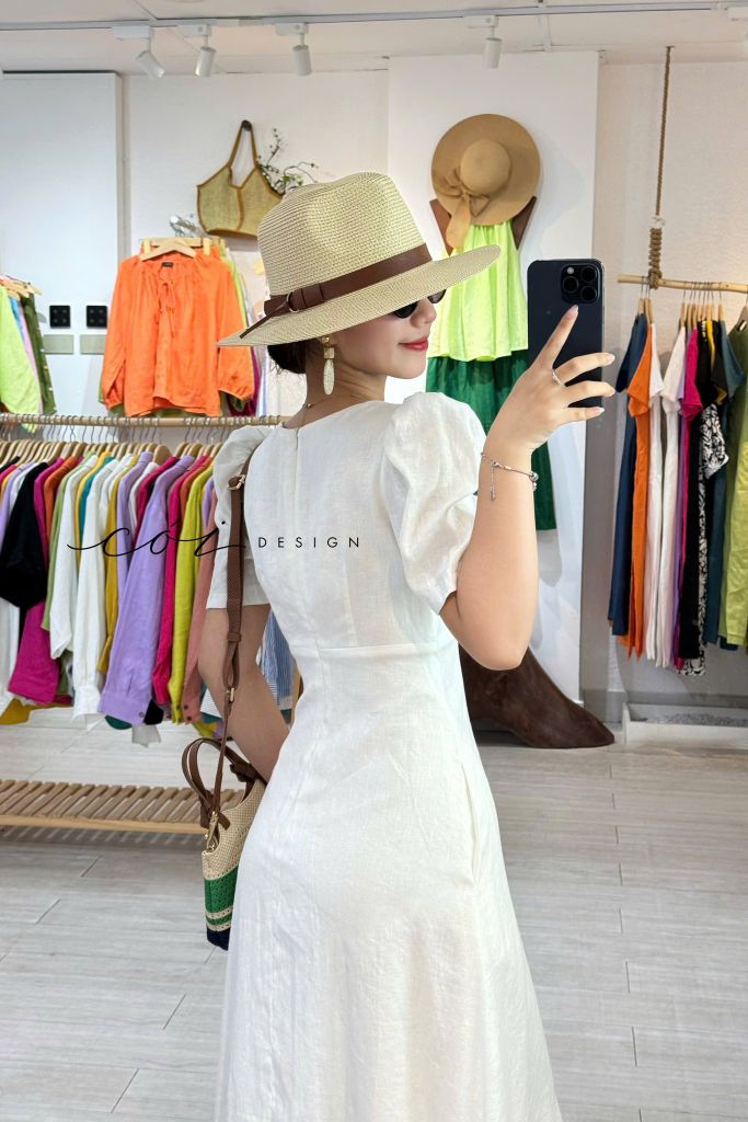 Đầm cổ tim nút bọc Linen tưng premium Cói Design