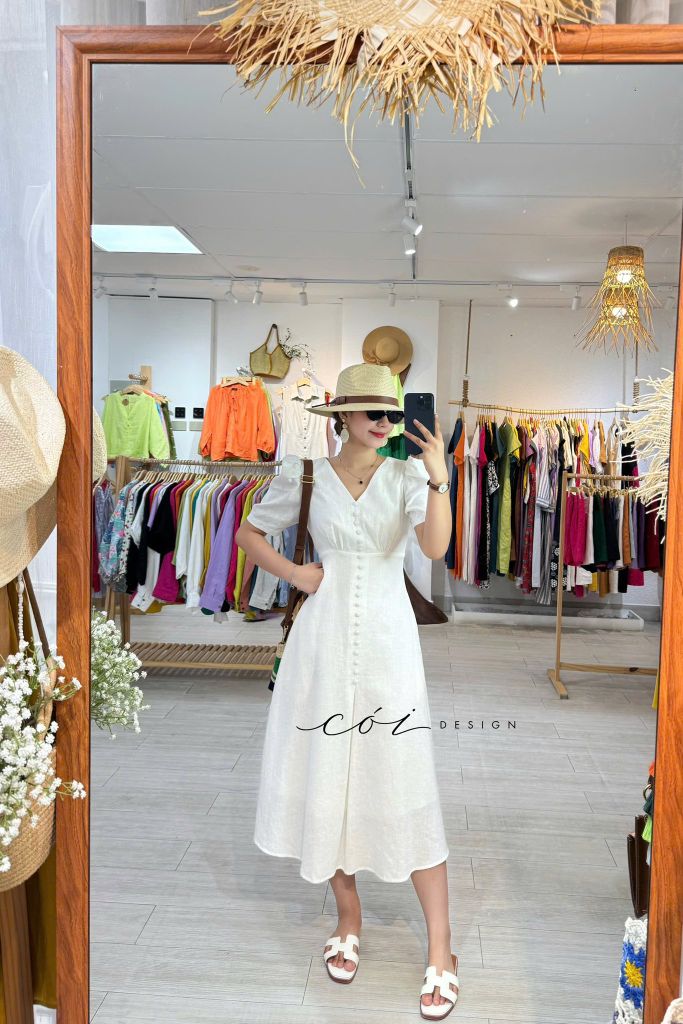 Đầm cổ tim nút bọc Linen tưng premium Cói Design