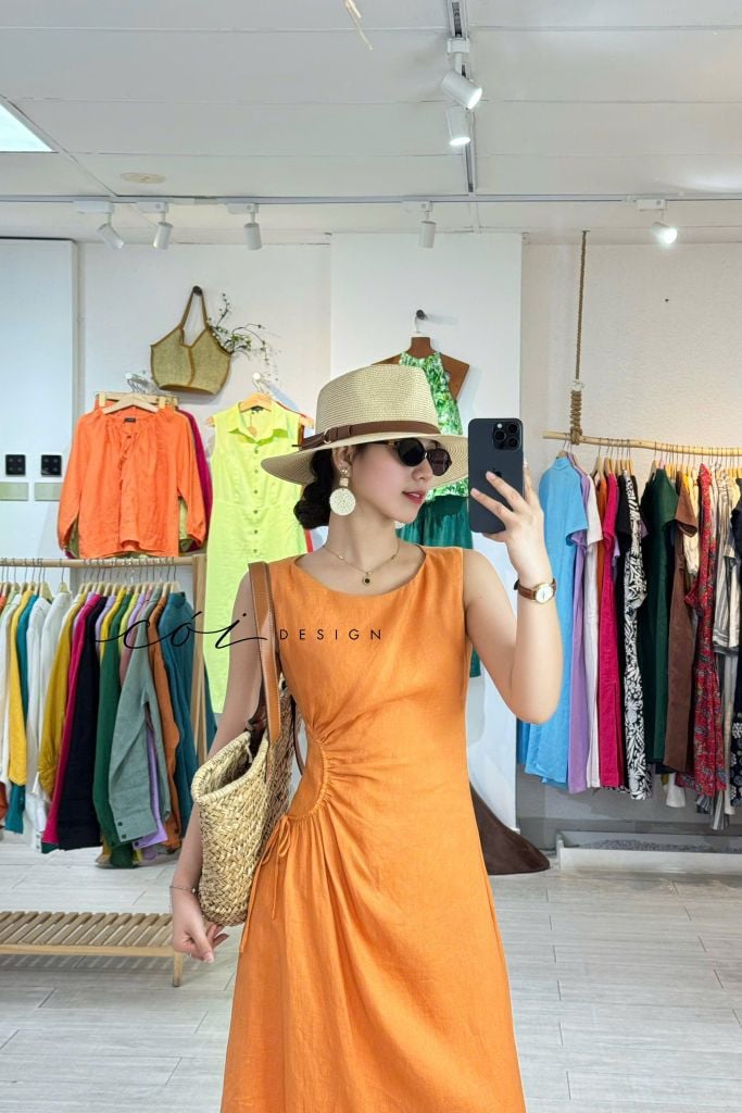 Đầm linen rút túi sát nách Cói Design
