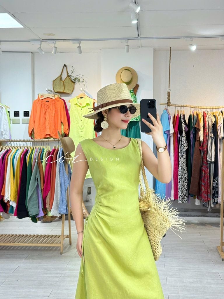 Đầm linen rút túi sát nách Cói Design