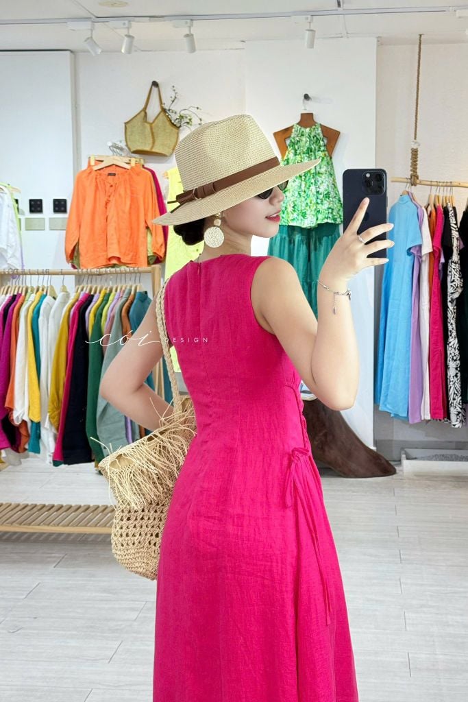 Đầm linen rút túi sát nách Cói Design
