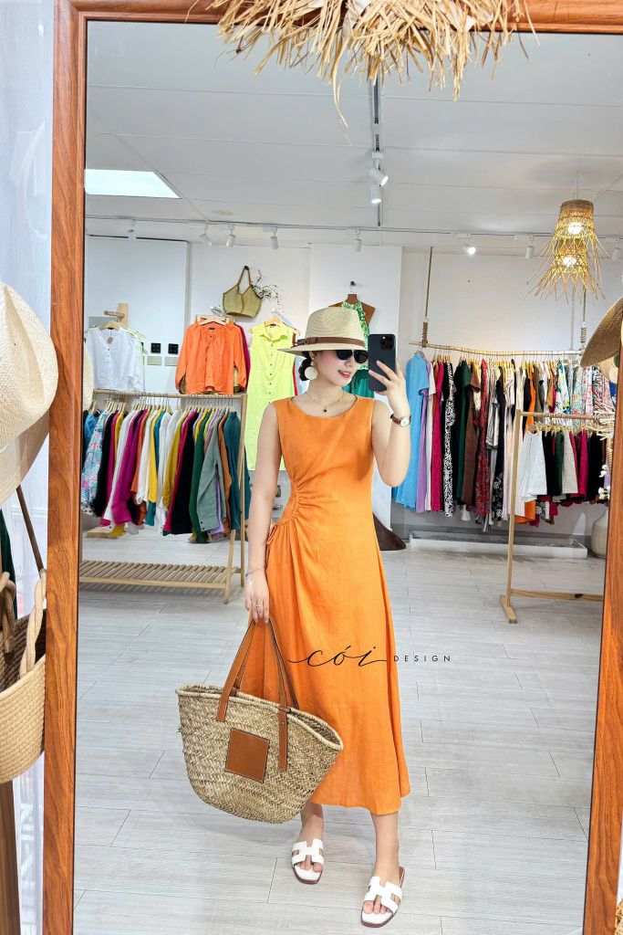 Đầm linen rút túi sát nách Cói Design