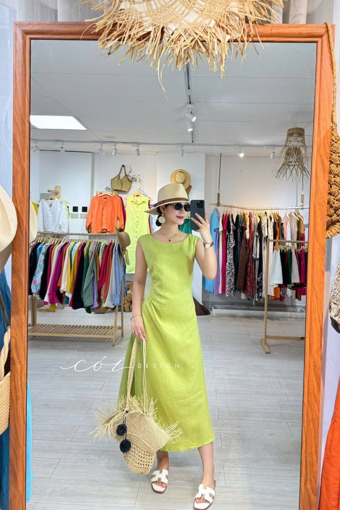 Đầm linen rút túi sát nách Cói Design