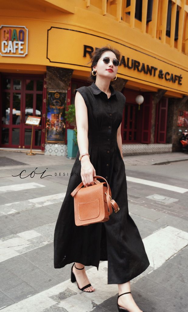 Đầm sơ mi xếp ly eo linen tưng premium Cói Design