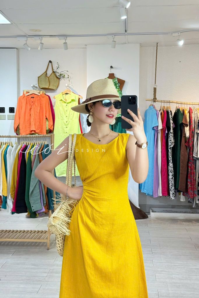Đầm linen rút túi sát nách Cói Design