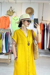 Đầm cổ trụ nút bọc Linen tưng premium Cói Design