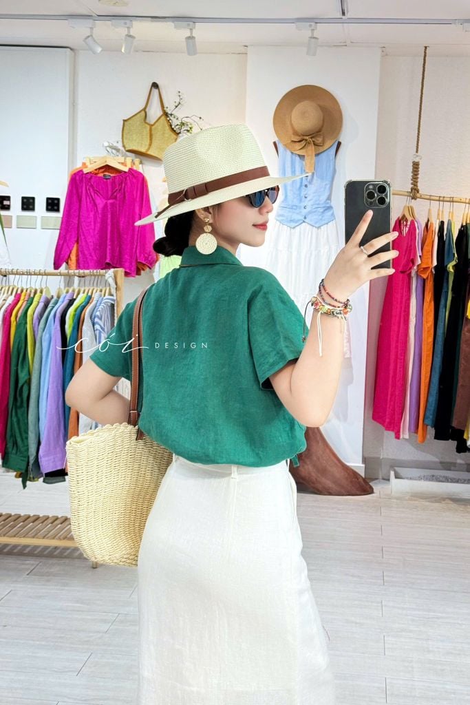 Áo Thêu hoa túi croptop rút eo linen tưng premium Cói Design