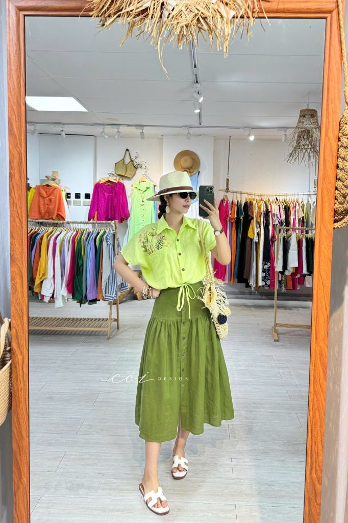Áo Thêu hoa túi croptop rút eo linen tưng premium Cói Design