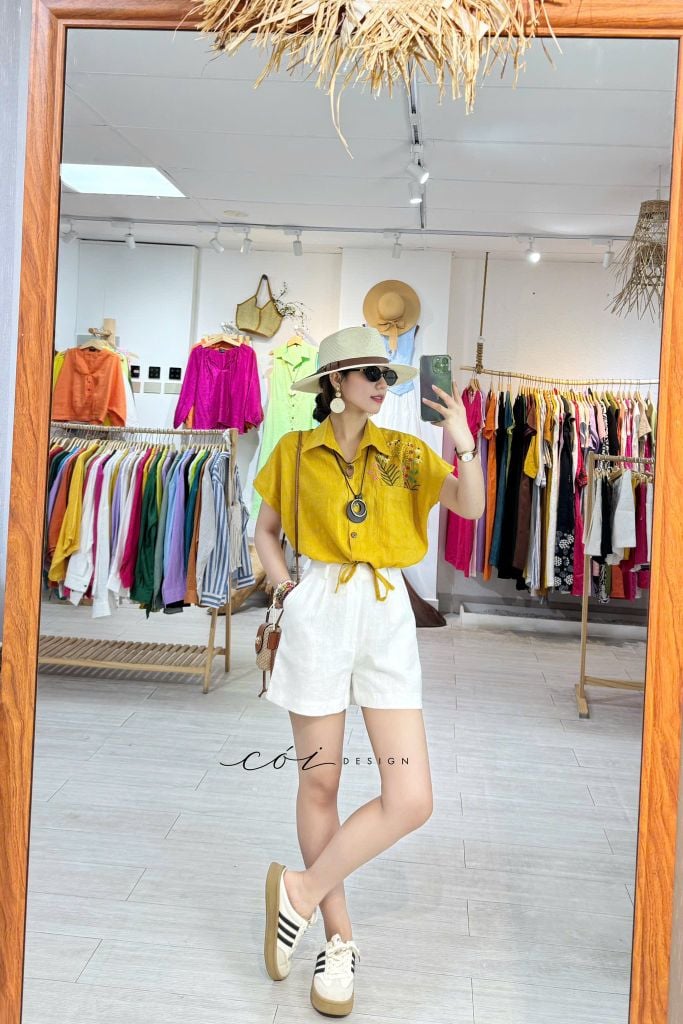Áo Thêu hoa túi croptop rút eo linen tưng premium Cói Design