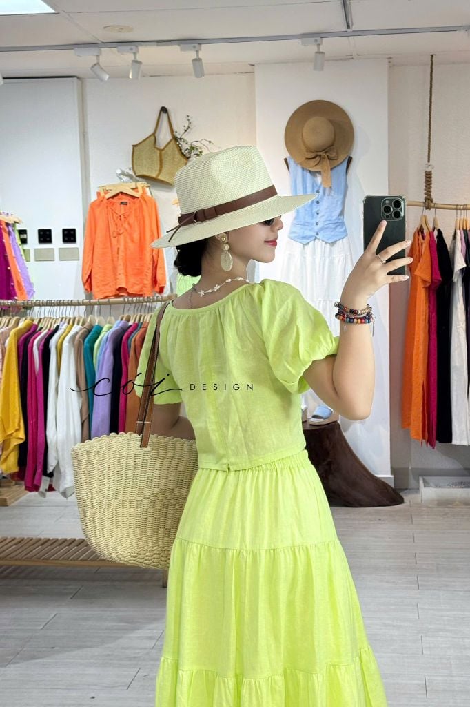 Áo croptop tay phồng phối nơ Linen tưng premium Cói Design