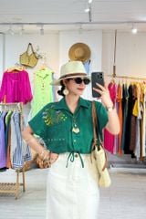Áo Thêu hoa túi croptop rút eo linen tưng premium Cói Design
