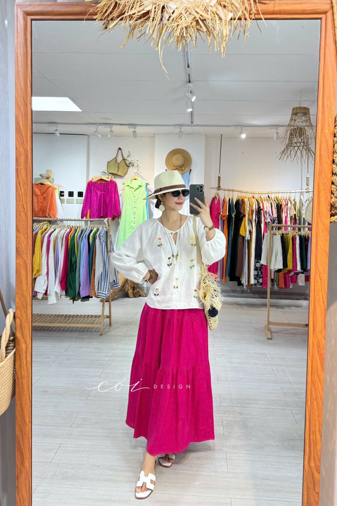 Áo Thêu hoa tay phồng cổ xếp nhún linen tưng premium Cói Design
