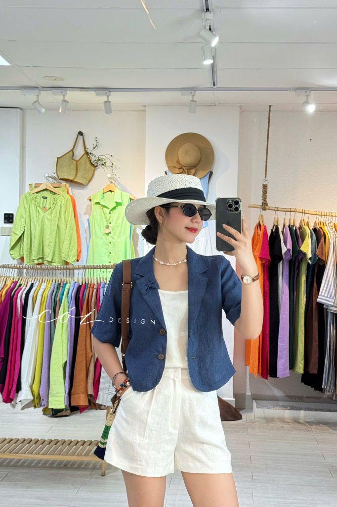 Áo croptop cổ vest thiết kế nơ Linen tưng premium Cói Design