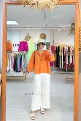 Áo Thêu hoa tay phồng cổ xếp nhún linen tưng premium Cói Design