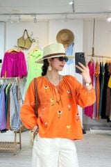 Áo Thêu hoa tay phồng cổ xếp nhún linen tưng premium Cói Design