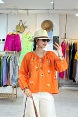 Áo Thêu hoa tay phồng cổ xếp nhún linen tưng premium Cói Design