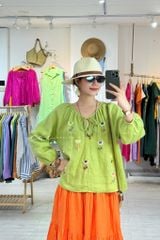 Áo Thêu hoa tay phồng cổ xếp nhún linen tưng premium Cói Design