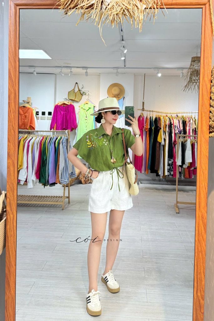 Áo Thêu hoa túi croptop rút eo linen tưng premium Cói Design