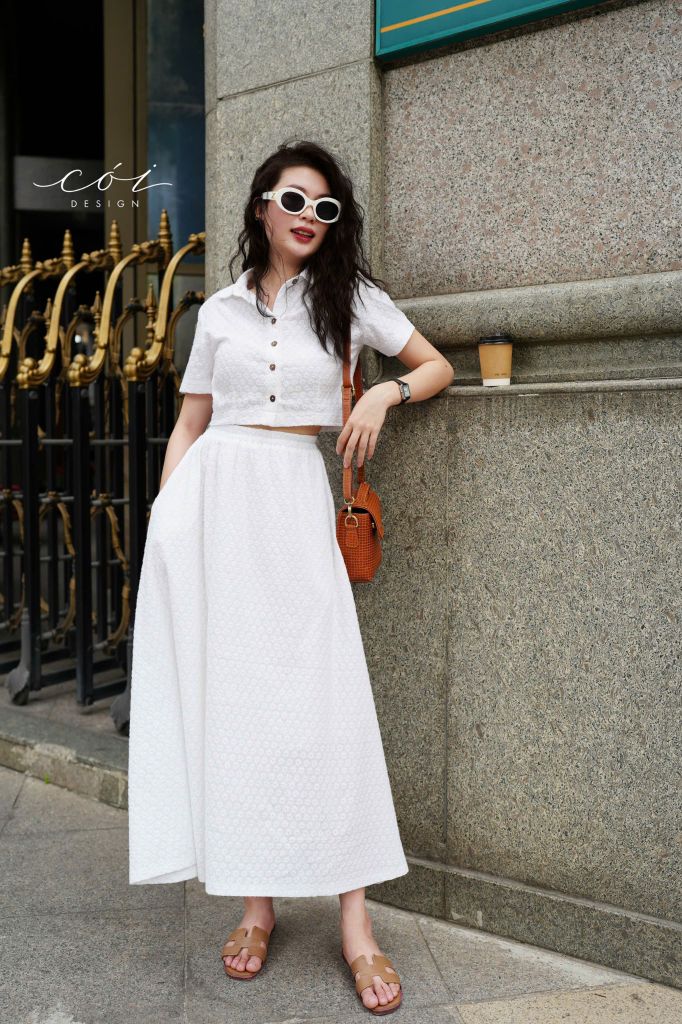Set chân váy croptop Cotton Thêu Hoa Cói Design