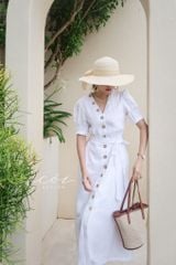 Đầm suông tay xếp nhún kèm belt linen tưng Cói Design