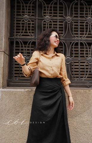 Chân váy xếp ly phối dây linen tưng premium Cói Design