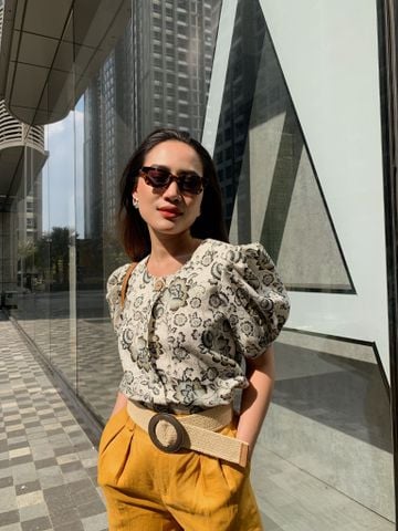 Áo cổ tròn tay phồng họa tiết linen Cói Design