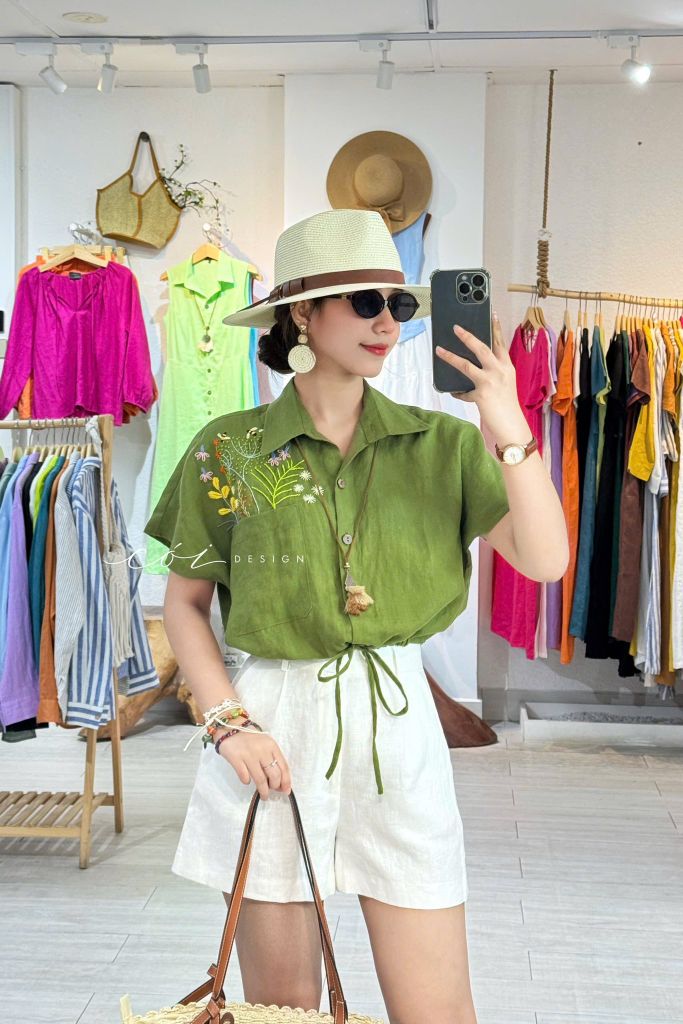 Áo Thêu hoa túi croptop rút eo linen tưng premium Cói Design