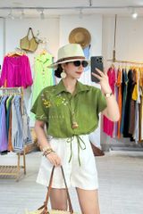Áo Thêu hoa túi croptop rút eo linen tưng premium Cói Design