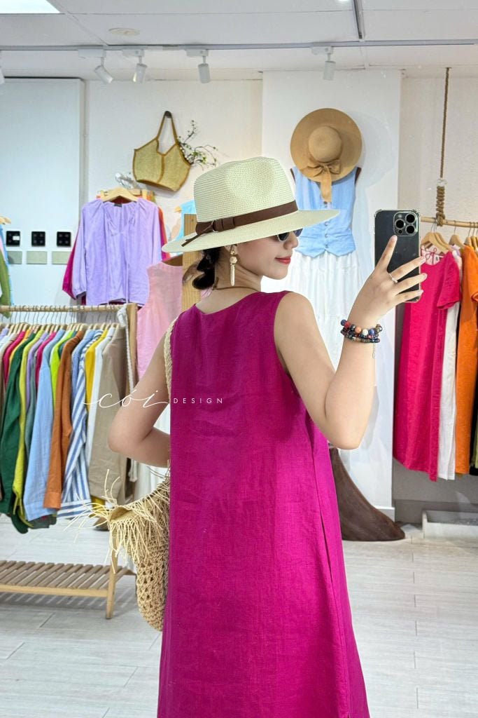 Đầm xẻ tà nút bọc màu Linen tưng Cói Design