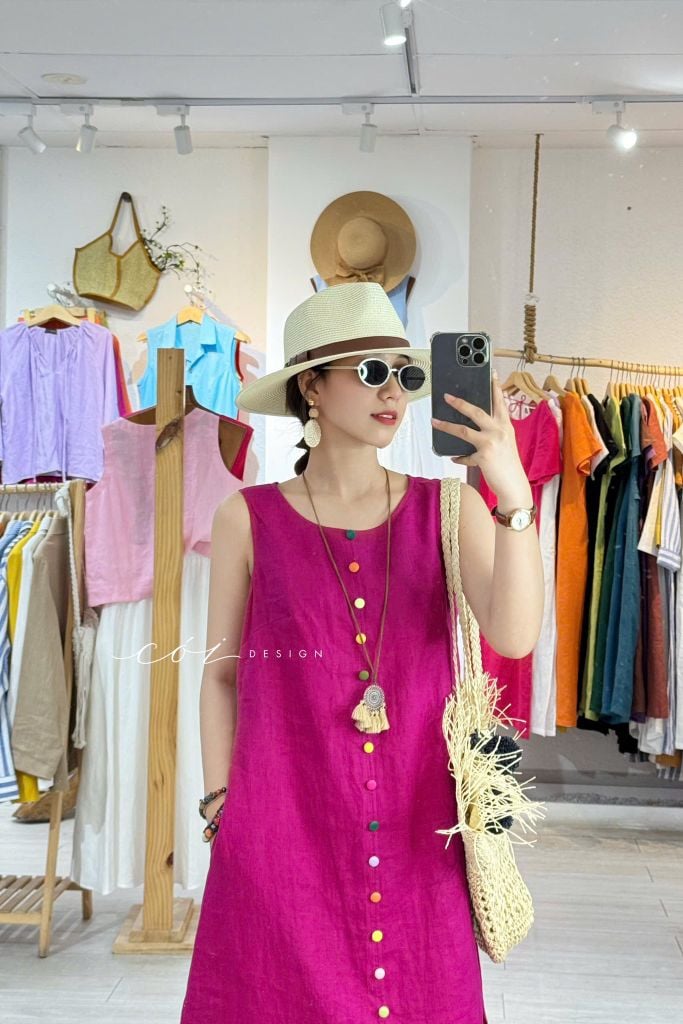 Đầm xẻ tà nút bọc màu Linen tưng Cói Design