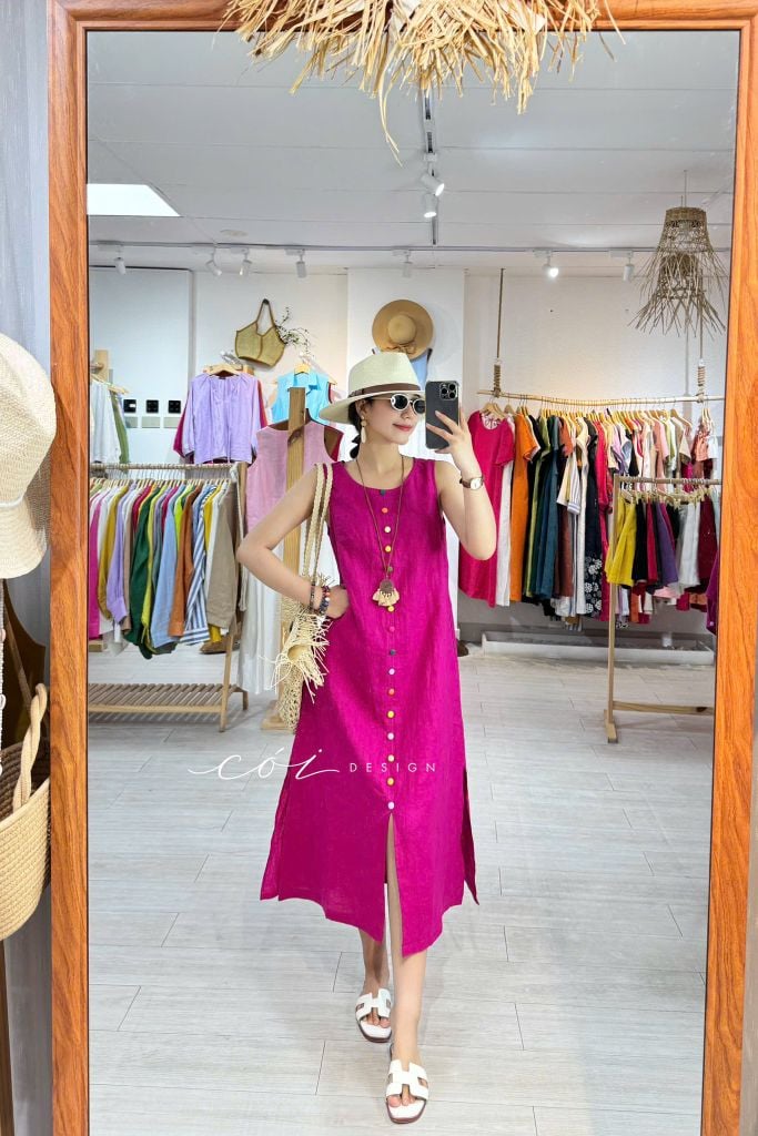 Đầm xẻ tà nút bọc màu Linen tưng Cói Design