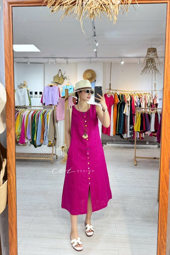 Đầm xẻ tà nút bọc màu Linen tưng Cói Design