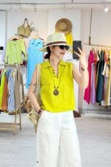 Áo sát nách cổ V nút bọc màu Linen Tưng Cói Design