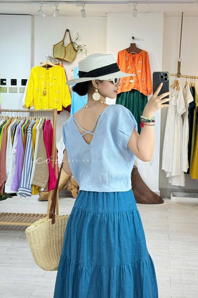 Áo tay xếp lưng đan dây chéo Linen Tưng Cói Design