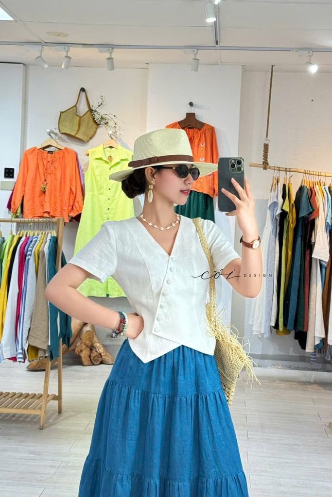 Áo gile xéo nút tay ngắn linen tưng premium Cói Design