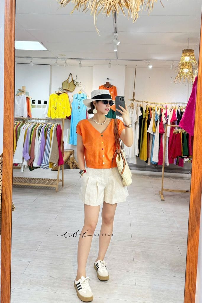 Áo tay xếp lưng đan dây chéo Linen Tưng Cói Design