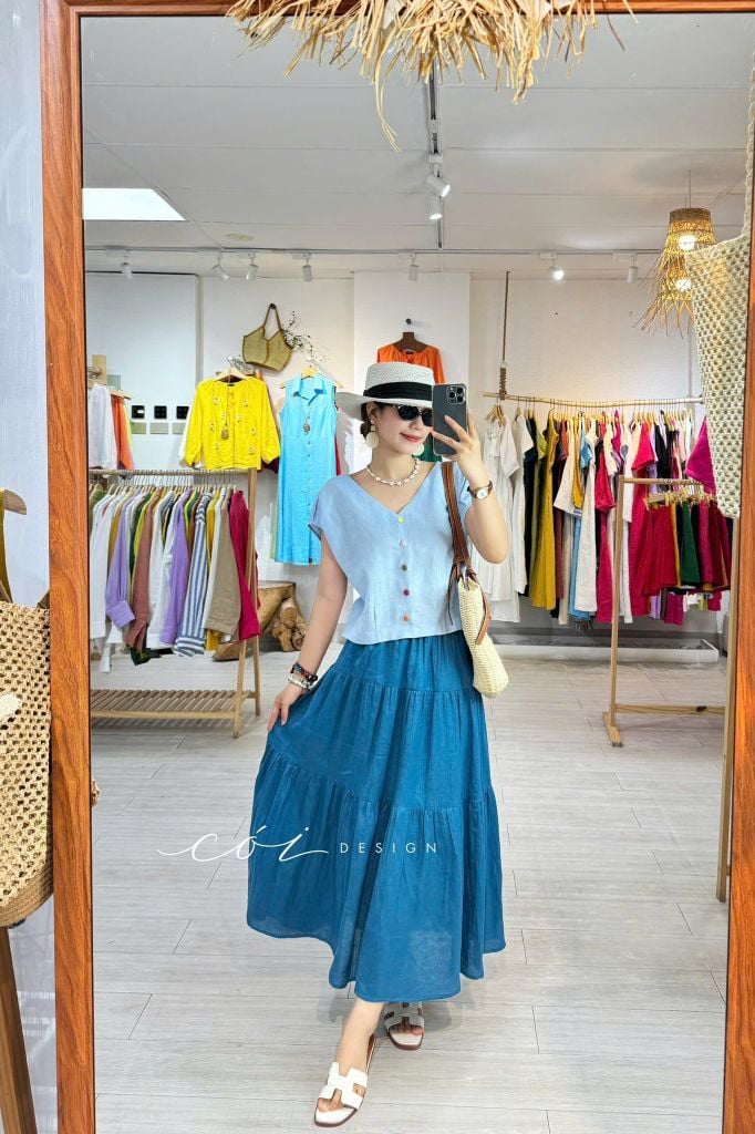 Áo tay xếp lưng đan dây chéo Linen Tưng Cói Design