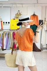 Áo tay xếp lưng đan dây chéo Linen Tưng Cói Design