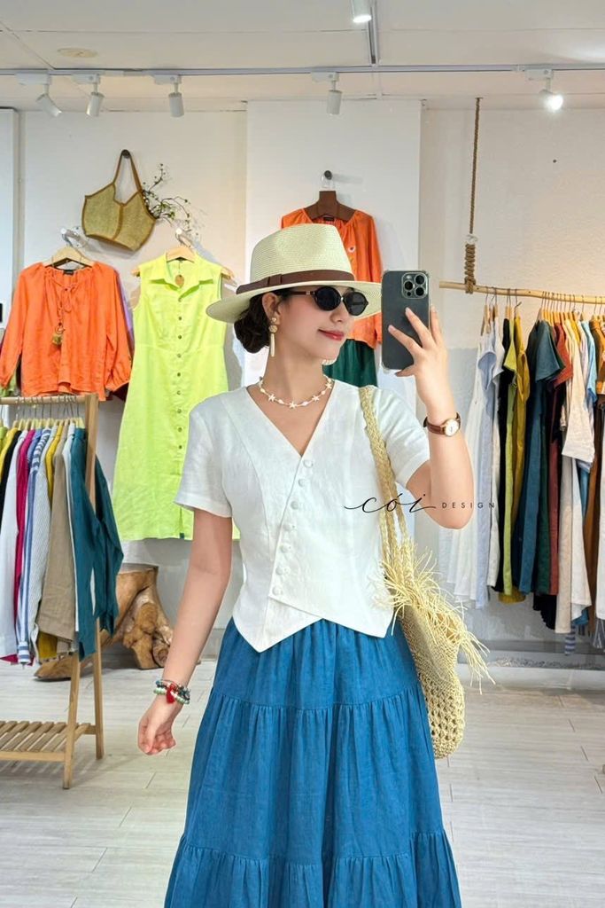 Áo gile xéo nút tay ngắn linen tưng premium Cói Design